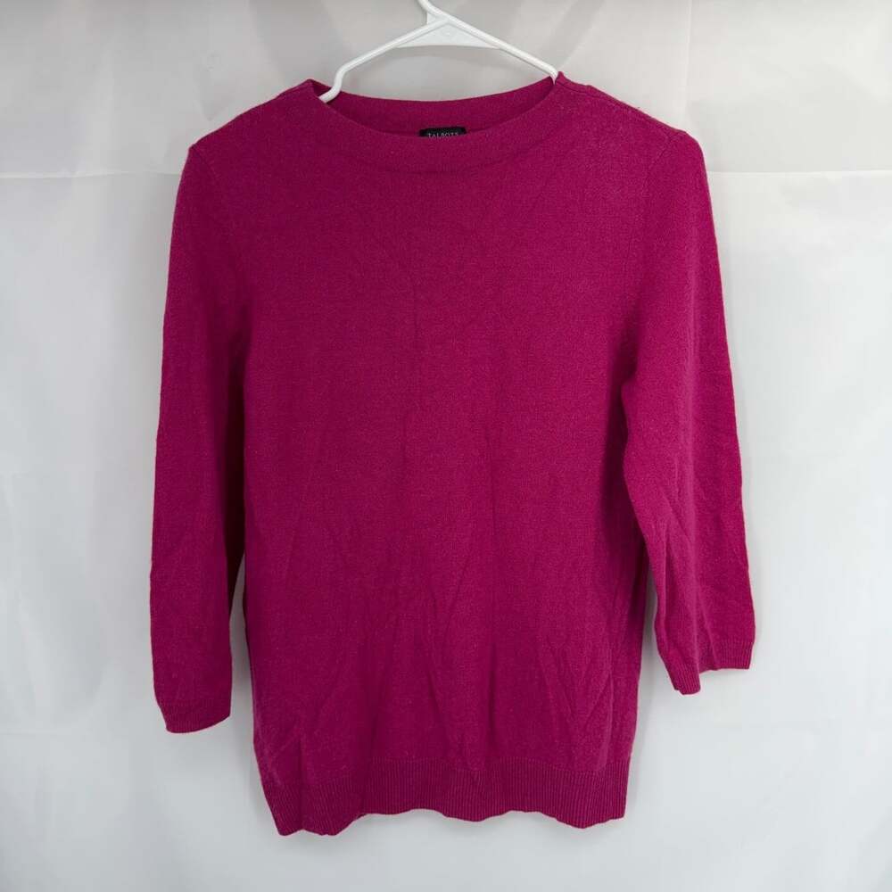 Talbots Women L 100% Cashmere Sweater Crew Neck 3/4 Sleeve Pink Soft Casual Top